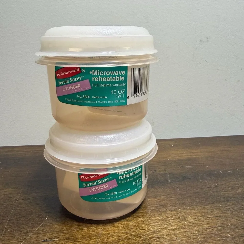 2 Vtg. Rubbermaid Servin Saver 1 Cup #6 Storage Container Almond Lids NOS 1991